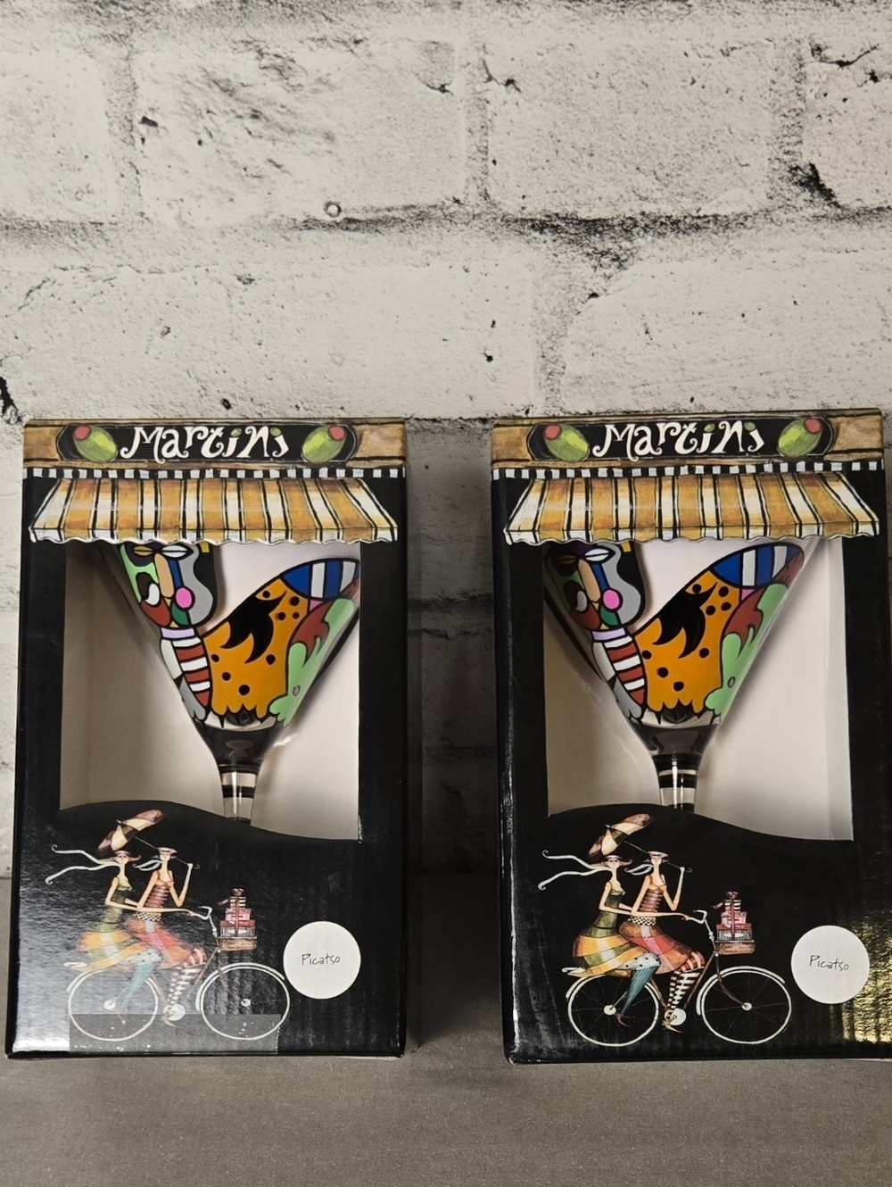 Set of 2 Hand Painted Martini Glasses 10oz Art Glass NIB Gift